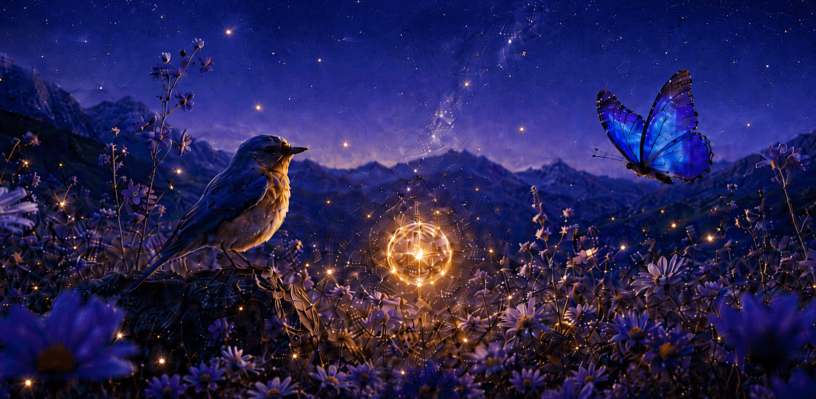 A night garden of wildflowers under a starlit sky, lit by drifting gold light